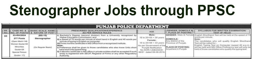 Latest Stenographer Jobs in Punjab Police