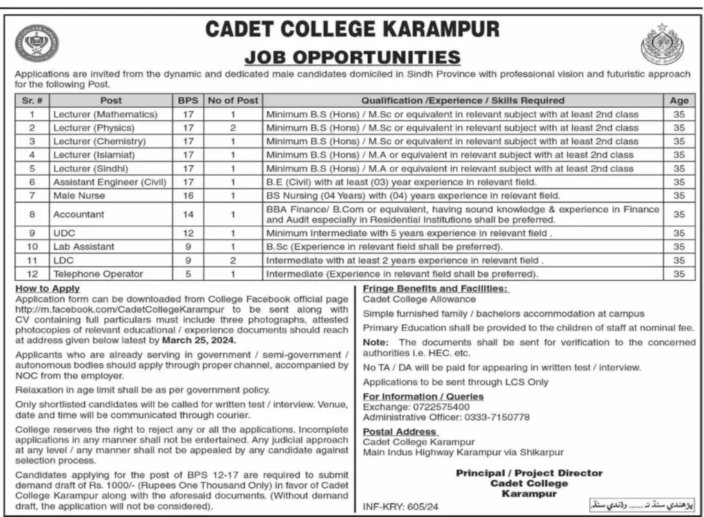 Cadet College Jobs Advertisement 2024